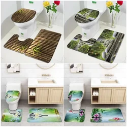 Zen Buddha Bamboo Bath Mats Set Lotus Orchid Flowers Black Stone Plant Spa Garden Scenery Bathroom Decor Door Rug Toilet Lid Mat