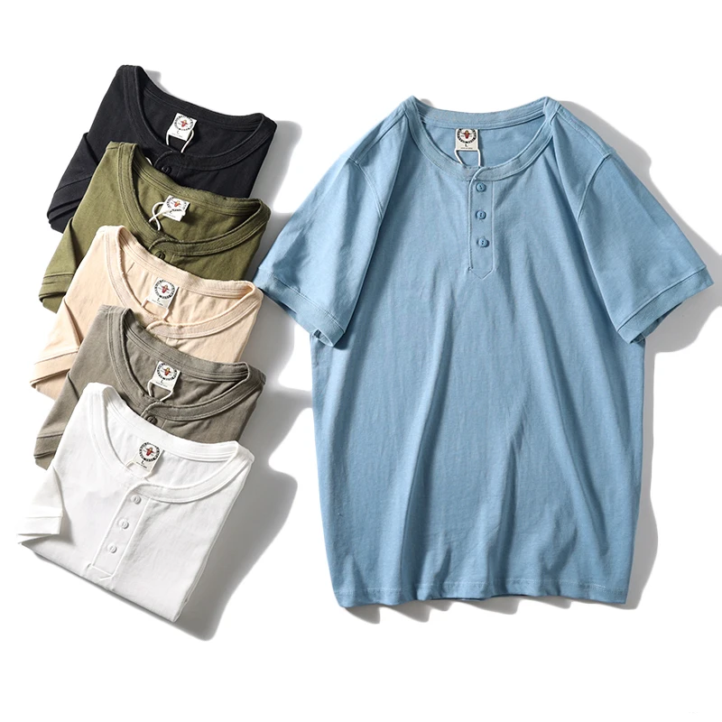 

Летняя мужская 300 г тяжелая футболка из чистого хлопка с воротником Генри ор Све Цвет Универсальная модная американская повседневная футболка