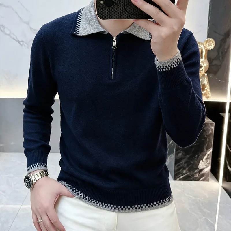 Men Lapel Zip Knit Sweater Contrast Collar Long Sleeve Casual Commute Versatile Knit Top