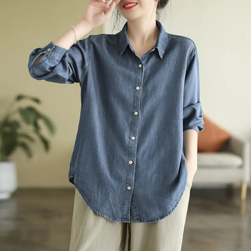 2024 Spring  New Korea Fashion Women Long Sleeve Loose Turn-down Collar Shirt all-matched Casual Cotton Denim Blouse Tops P564