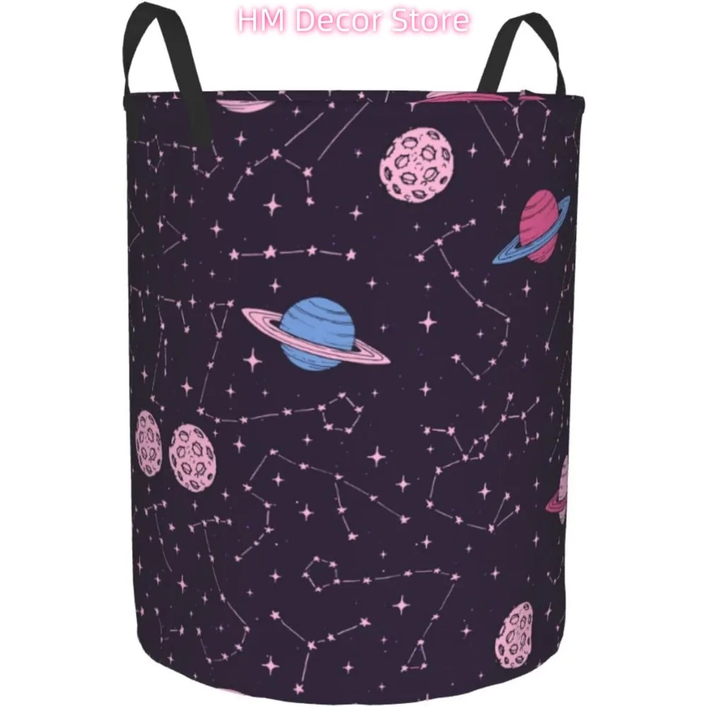 Pink Cosmic Zodiac Constellations and Moons Laundry Basket Waterproof Oxford Cloth Organizer Basket Collapsible Clothes Hamper w - view 2