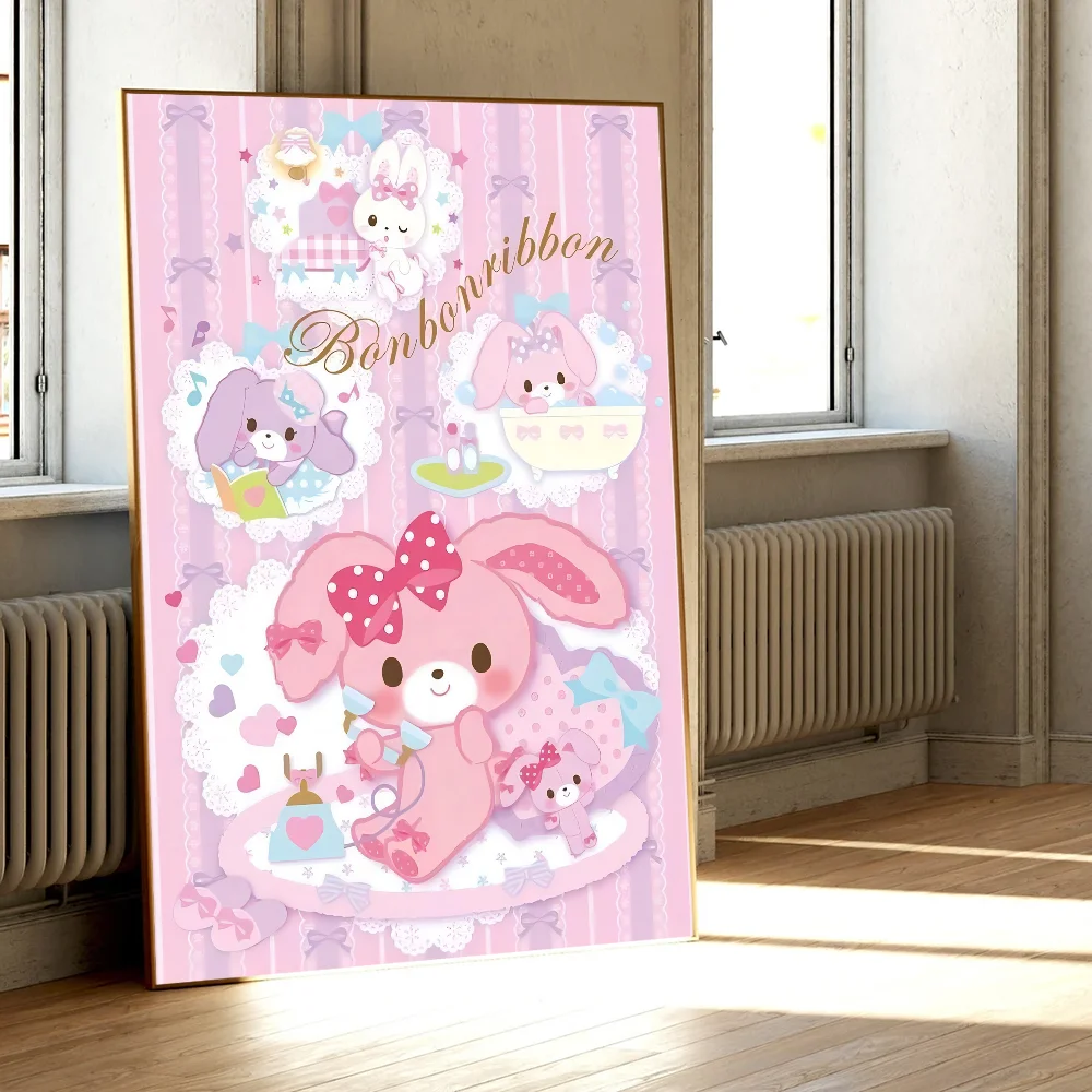 AZNM Sugarbunnies Bonbonribbon Rosa niedliches Kaninchen-Cartoon-Leinwand-Wandkunstwerk, ungerahmt, Mädchenzimmer-Dekor-Poster – Detail 2