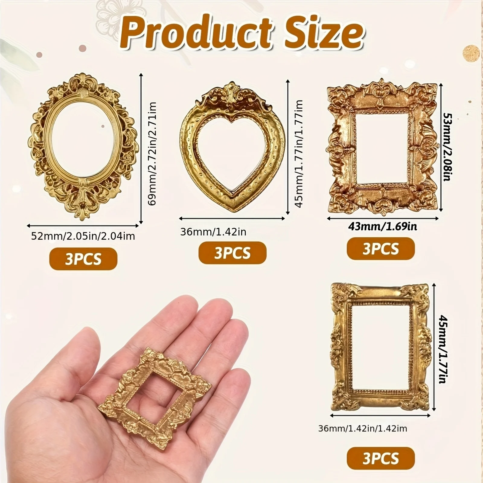12pcs Golden Baroque Resin Vintage Mini Picture Wall-Mounted Display Cases Christmas Photo Display Frames Home Decoration Part