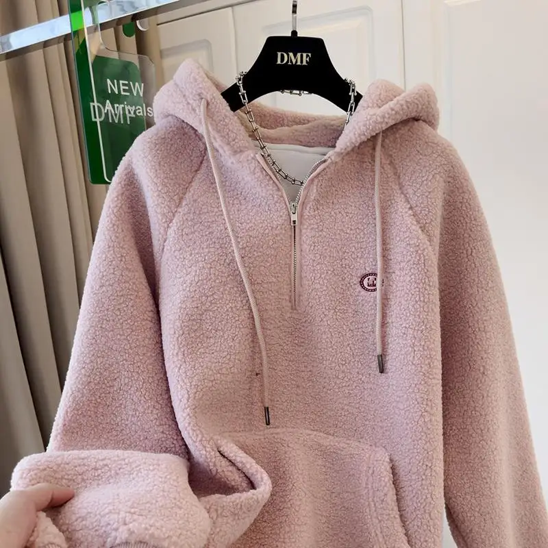 

Толстовка женская большого размера, розовая, на флисовой подкладке, для осени и зимы, повседневная, из полиэстера, молодежная