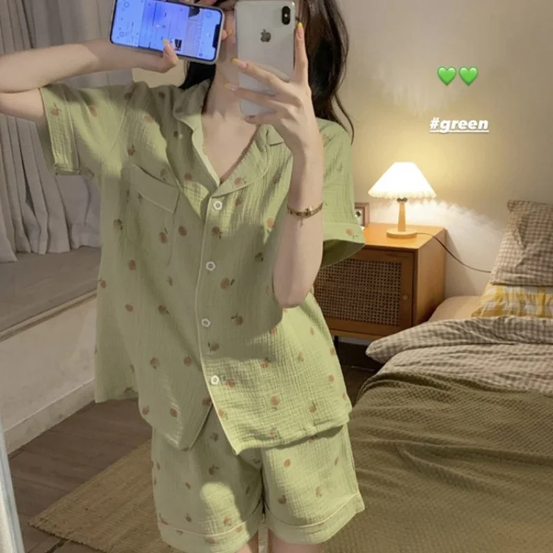 

Summer Ladies Sweet Girl Pajamas Homewear Set Lazy Wind Pajamas Ladies Short-Sleeved Matcha Green Cute Milk Silk Homewear