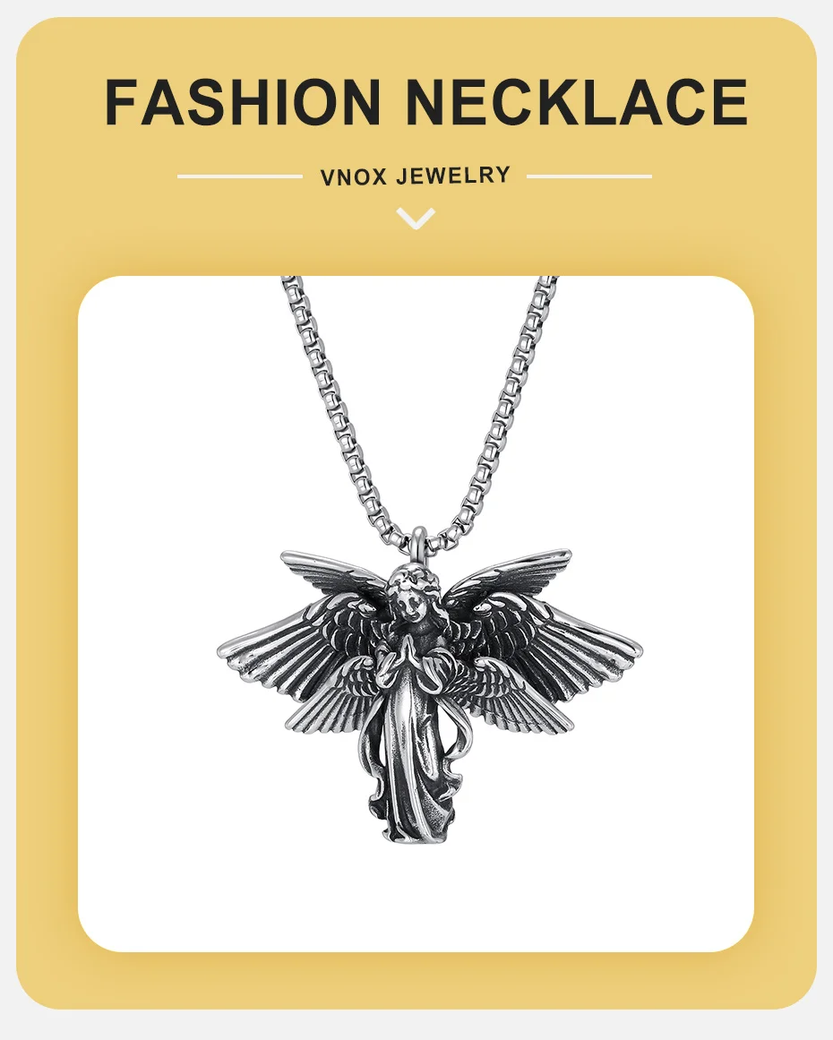 Vnox Edelstahl-Halskette mit sechs Engelsflügeln für Herren, dunkle Gothic-Biker-Kette, silberfarben, Punk-Schmuck, Geschenke – Detail 1