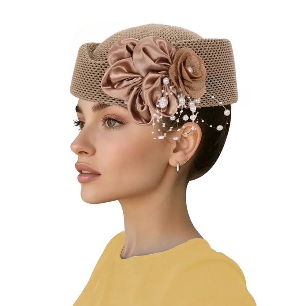 New With Flower Straw Pillbox Hat Structured Crown Round Shape Round Dress Hat Solid Vintage Style Painter Hat Daily Outfits