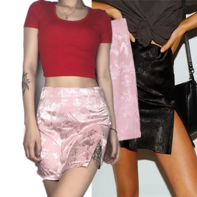 

American Retro k Girl Sle Embroidered Satin High Waist Skirt Sexy High Slit ort Skirt Street Sle Summer Faion