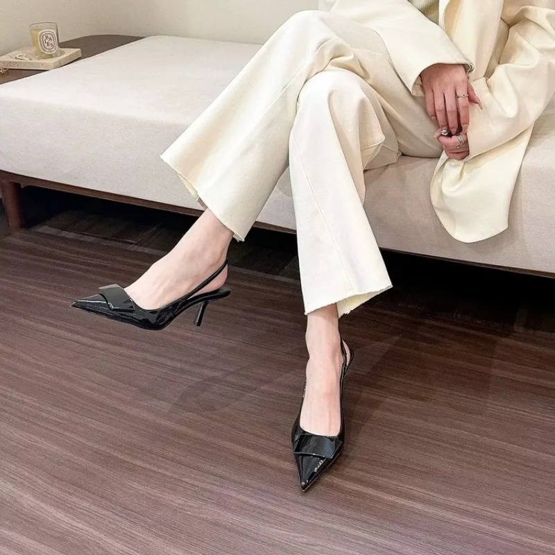 Womens Leather Slippers High Heels Shoes Party Pumps Woman Summer Sandals Women High Heel Slingback Sandal Shoes