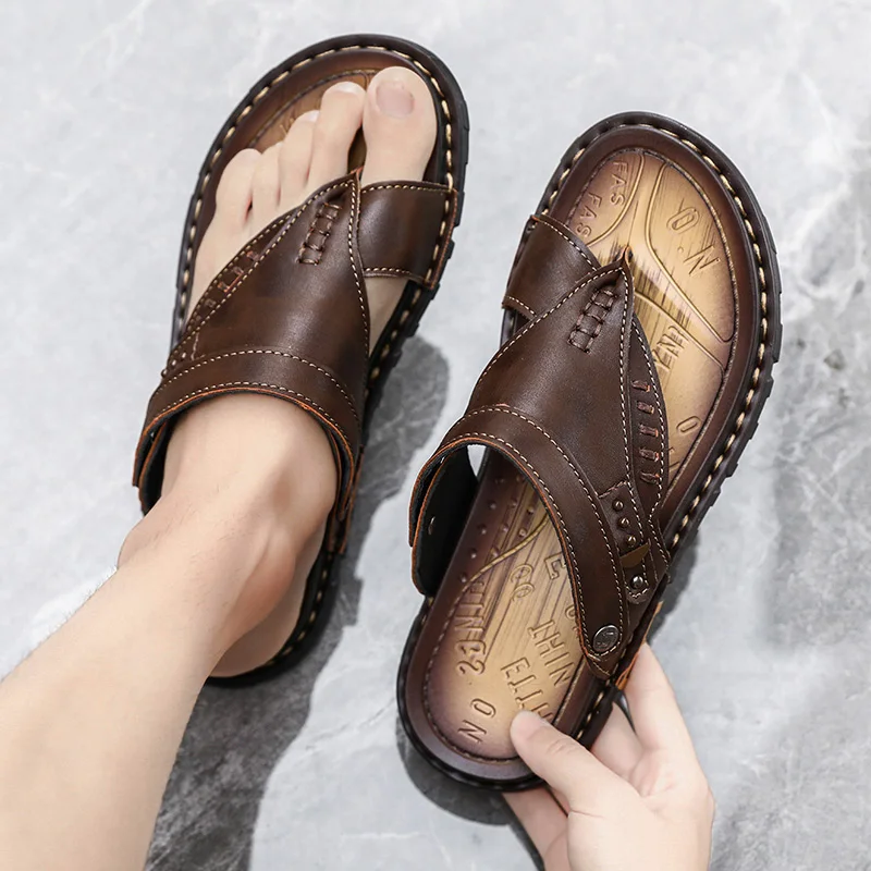 

Men's Summer Flip Flops 2024 Luxury Artificial Leather Casual Barefoot Shoes For Men Comfortable Outdoor Slippers And Sandals