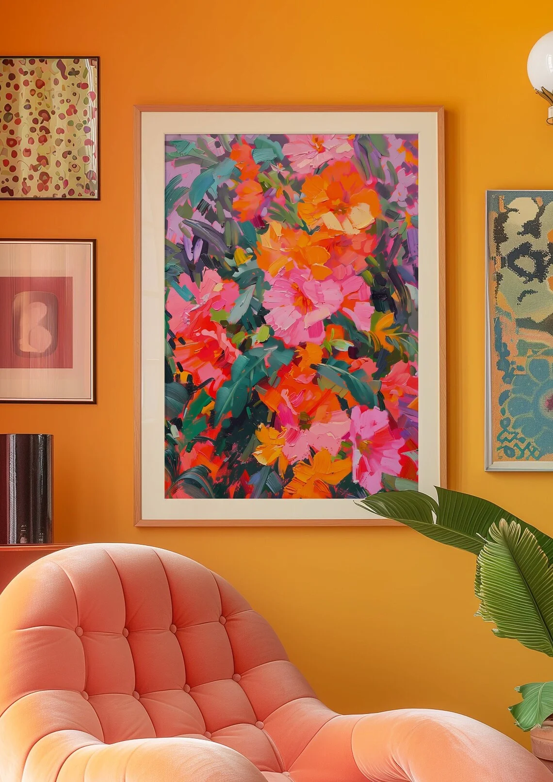 "Vibrant Floral Impasto Wall Print Decor - Bold Brushstroke Oil Painting of Pink & Orange Flowers, Modern Colorful Botanical Art