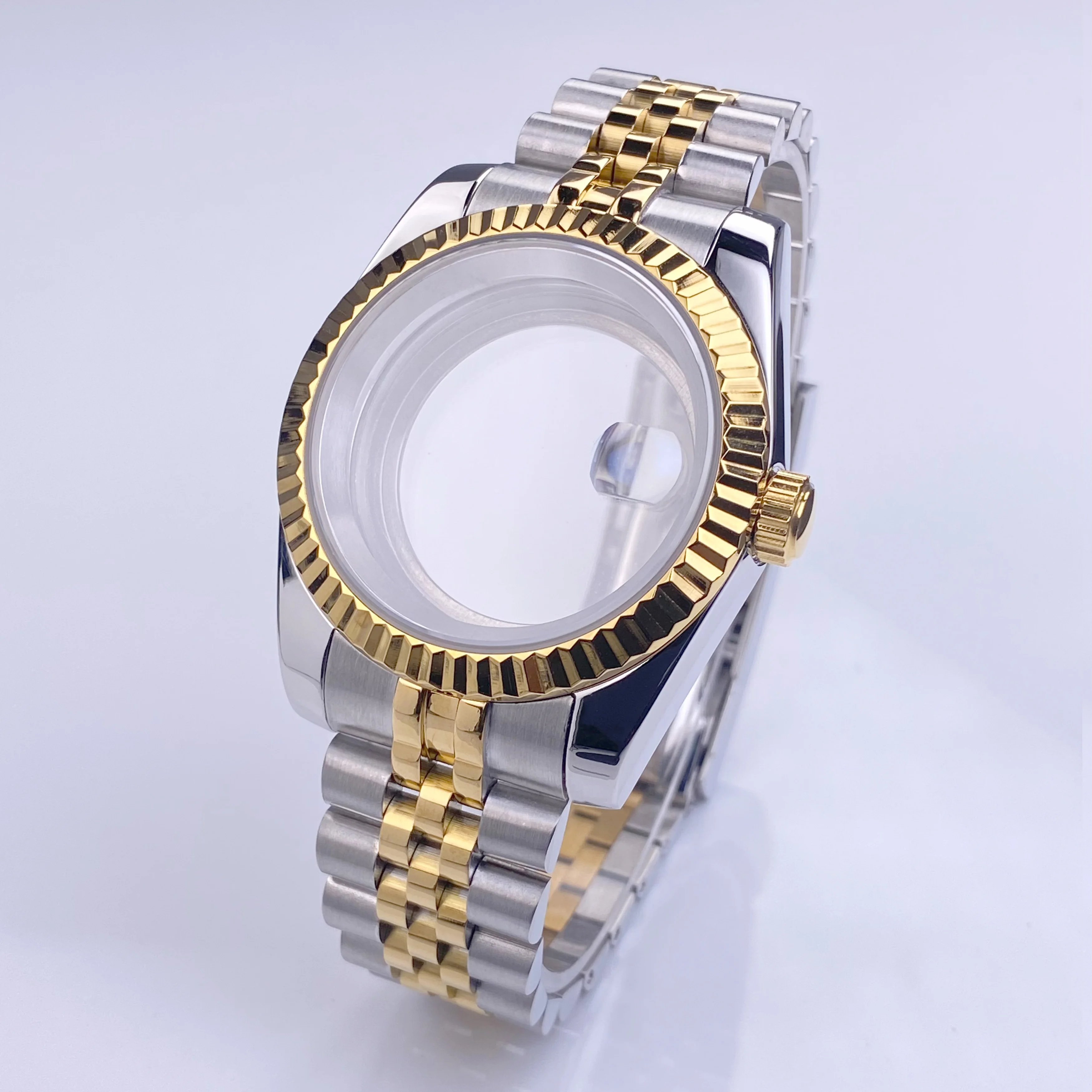 Alta qualidade 39mm nh35 caixa de relógio ouro vidro safira inoxidável à prova dwaterproof água caso caber nh35/36/38 movimento 28.5mm dial