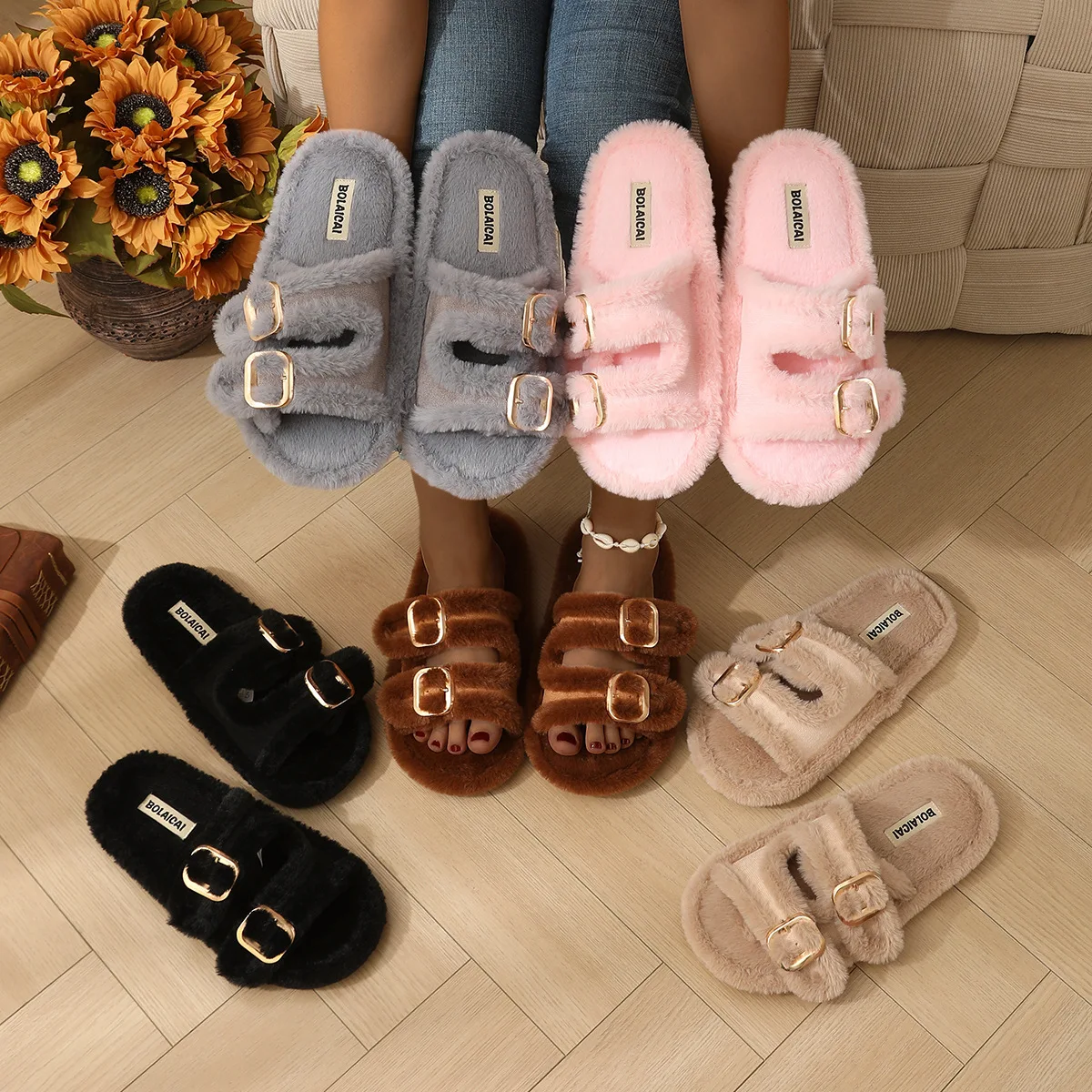 Fashion Metal Double Buckle Fluffy Furry Slippers Woman Casual Outdoor Plush Warm Slides Women Winter Open Toe Cotton Slippers