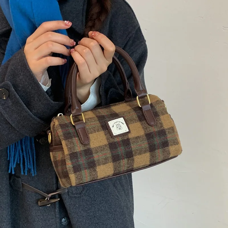 

High-End Trendy Woolen Plaid Retro Handbag Versatile Boston Shoulder Crossbody Bag for Women