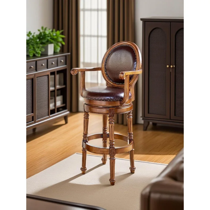 

Американский барный стул из массива дерева, европейский ретро-стул с высокой спинкой, кожаный, вращающийся, для домашнего бара.