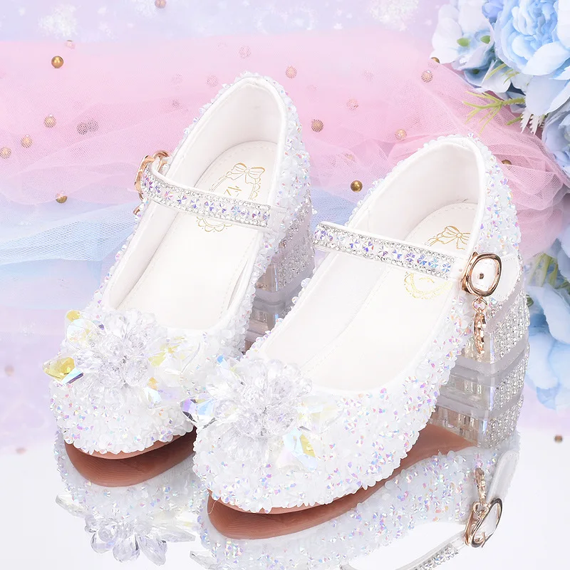 High heeled glass rhinestone princess crystal shoes for performance girls, new school sandals for girls