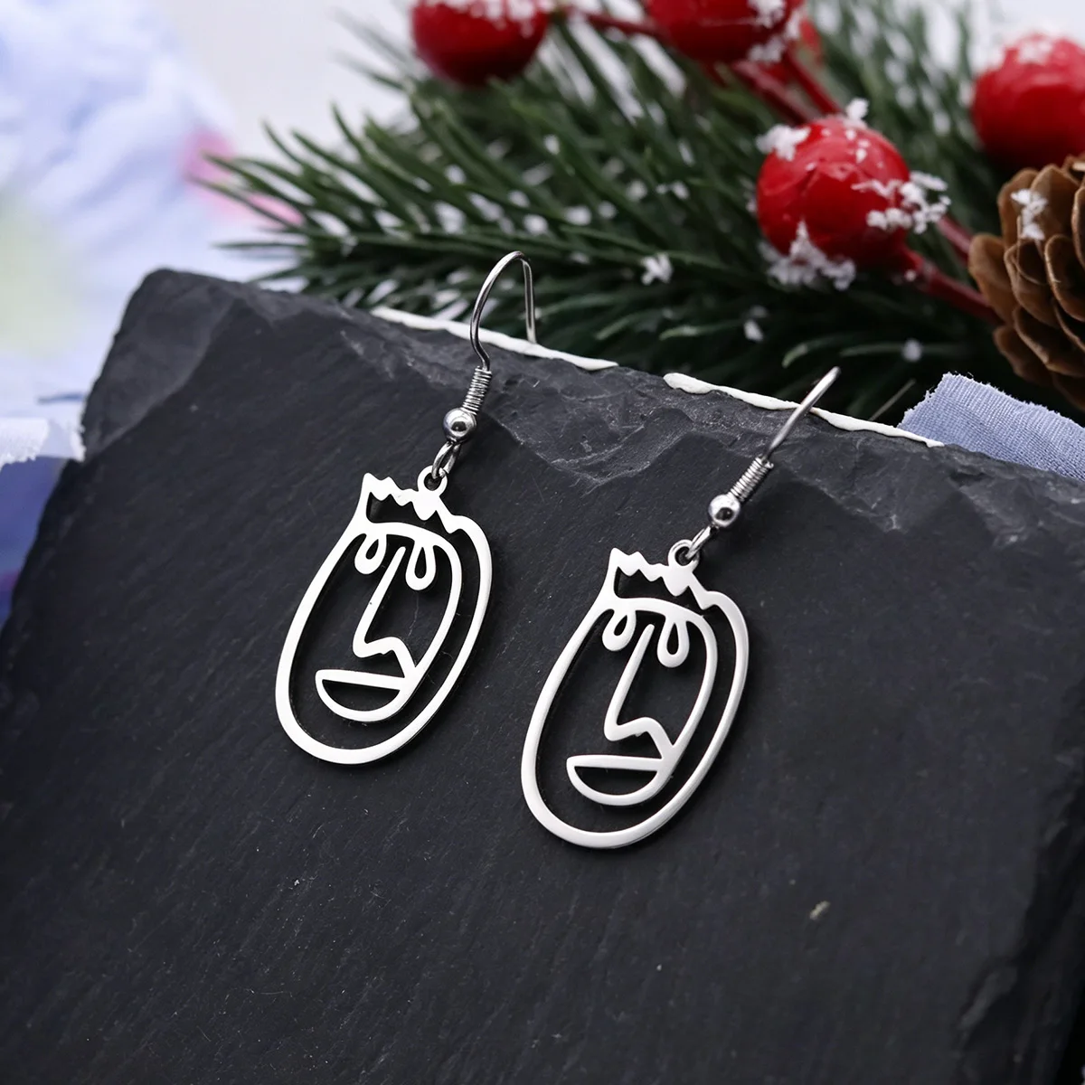 Kinitial Abstract Line Art Face Dangle Earrings For Women Stainless Steel Drop Earrings Figure Pendants Female Earrings