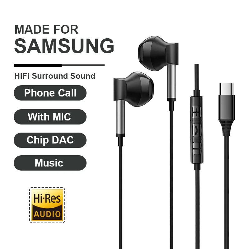 USB Type C Headphones HiFi Stereo With Mic Music Earbud 3.5mm Wired Headphones For iPhone 16 15 Pro Max Samsung Galaxy S24 Ultra