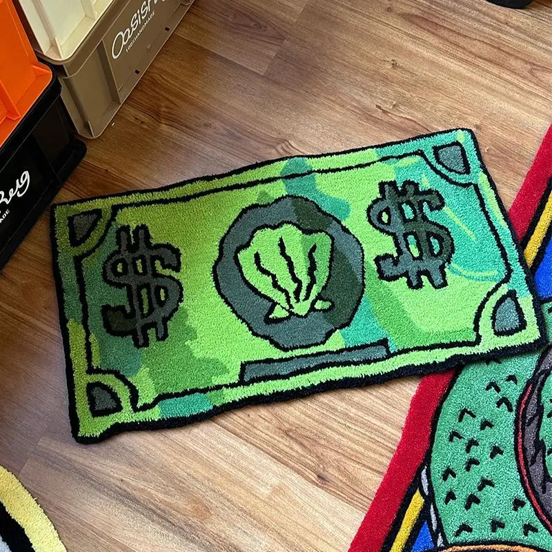 VIKAMA Irregular Green Dollar Floor Mat Creative Shell Emblem Cash Note Print Thick Plush Non‑slip Household Entryway Decor Rug