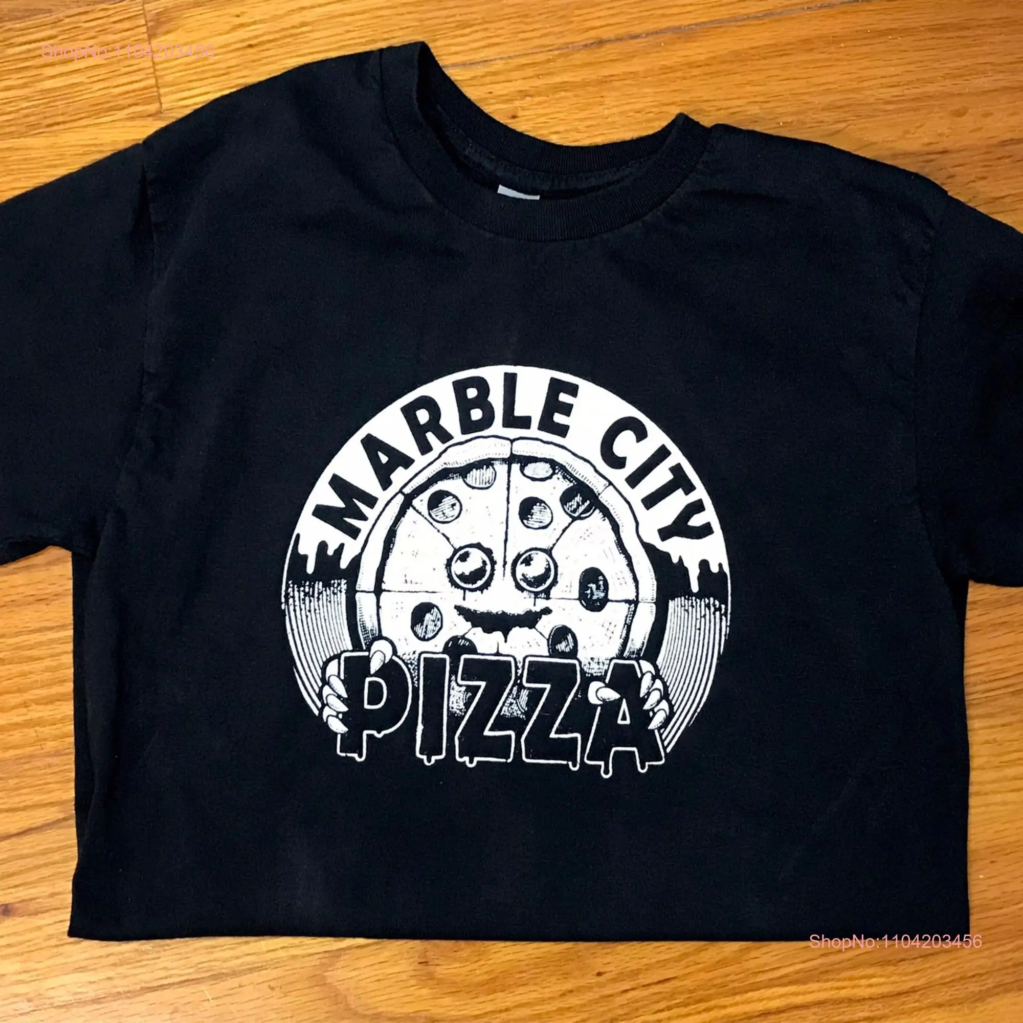 Hand printed Marble City Pizza employee T Shirt by artist Alternate Bazaar Art Original silkscreen ink print on 100