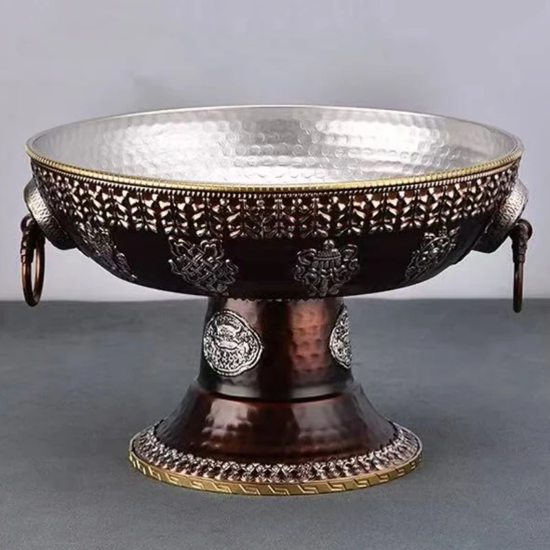 Bandeja de frutas de estilo tibetano, plato de altares de Nepal, ocho símbolos auspiciosos, bandeja sagrada de aleación con textura de dragón, decoración de artículos budistas