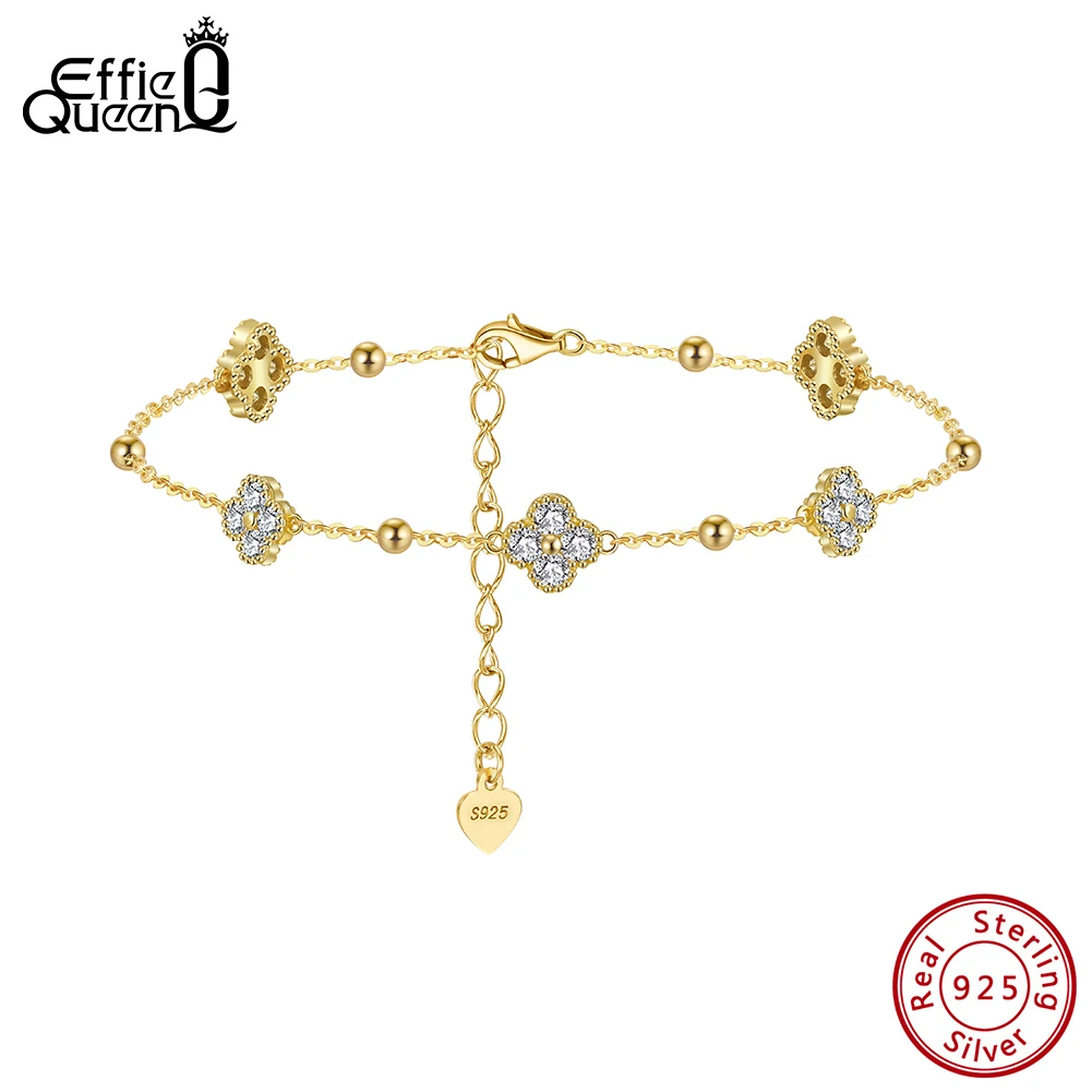 

EFFIE QUEEN Браслет-цепочка из чистого серебра 925 пробы с золотом 14 карат и муассанитом в форме четырехлистного клевера, элитное ювелирное украшение для женщин, подарок на день рождения MOB04