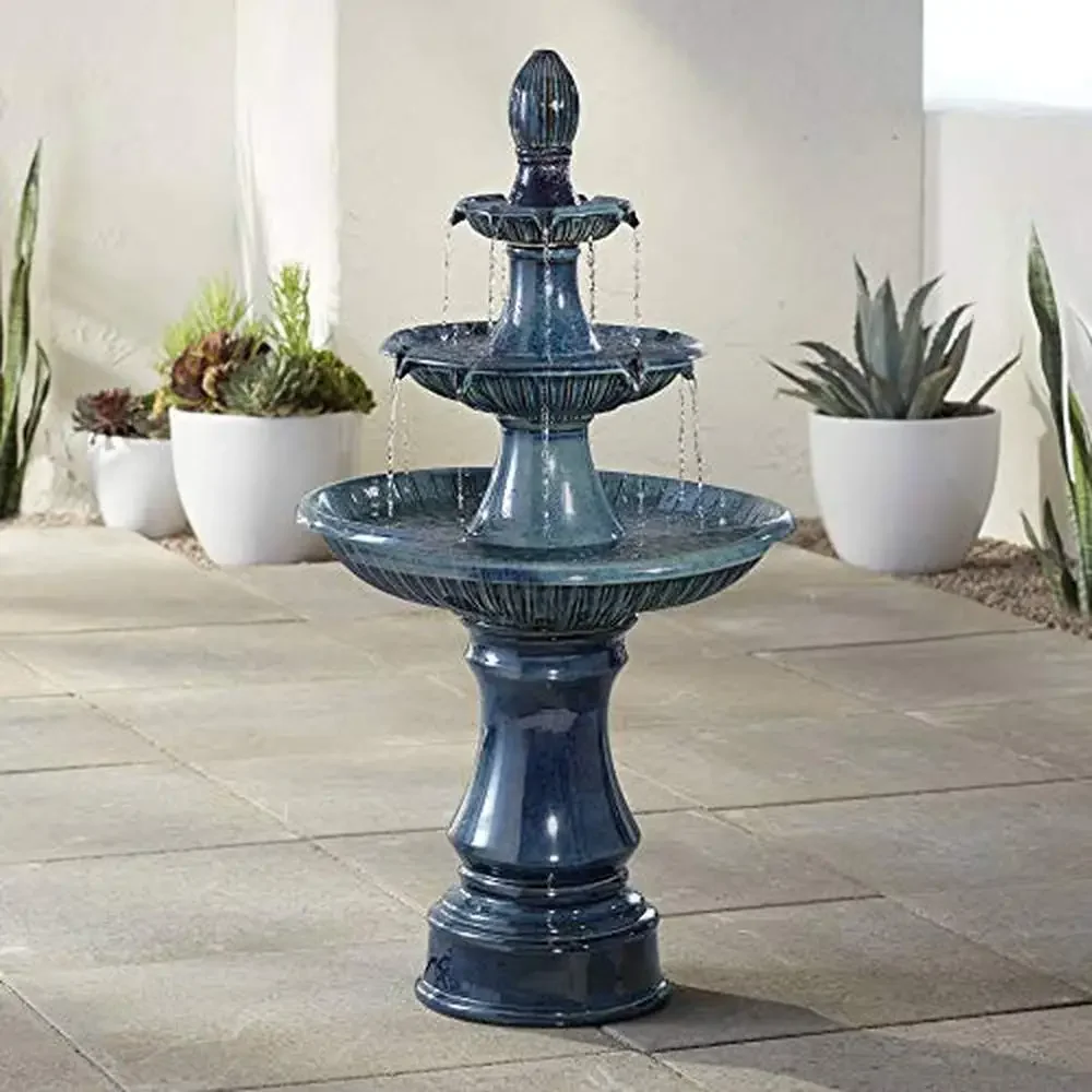 3-Tier Ceramic Water Fountain LED Light Teal Blue Yard Garden Patio Deck 46