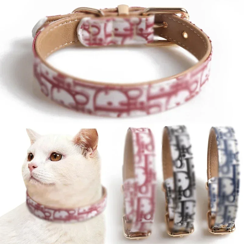 Collare per gatti in pelle PU con stampa di moda Collari regolabili in morbida pelle Collana personalizzata per cani gatti di taglia piccola, media