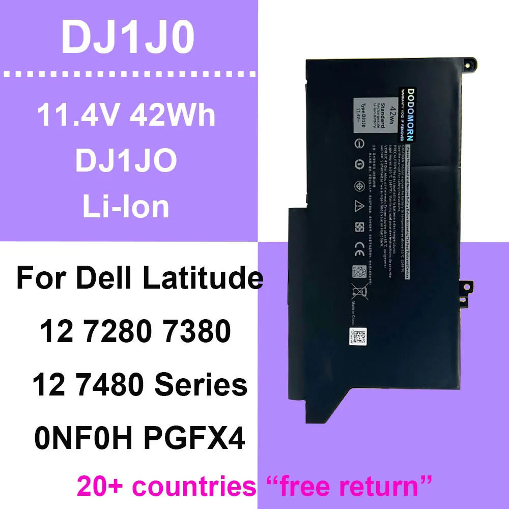 Battery For Dell Latitude 7480 7380 7280 Series Laptop Batteries DJ1J0 DJ1JO 0NF0H ONFOH PGFX4 1.4V 42Wh Rechargeable In Stock