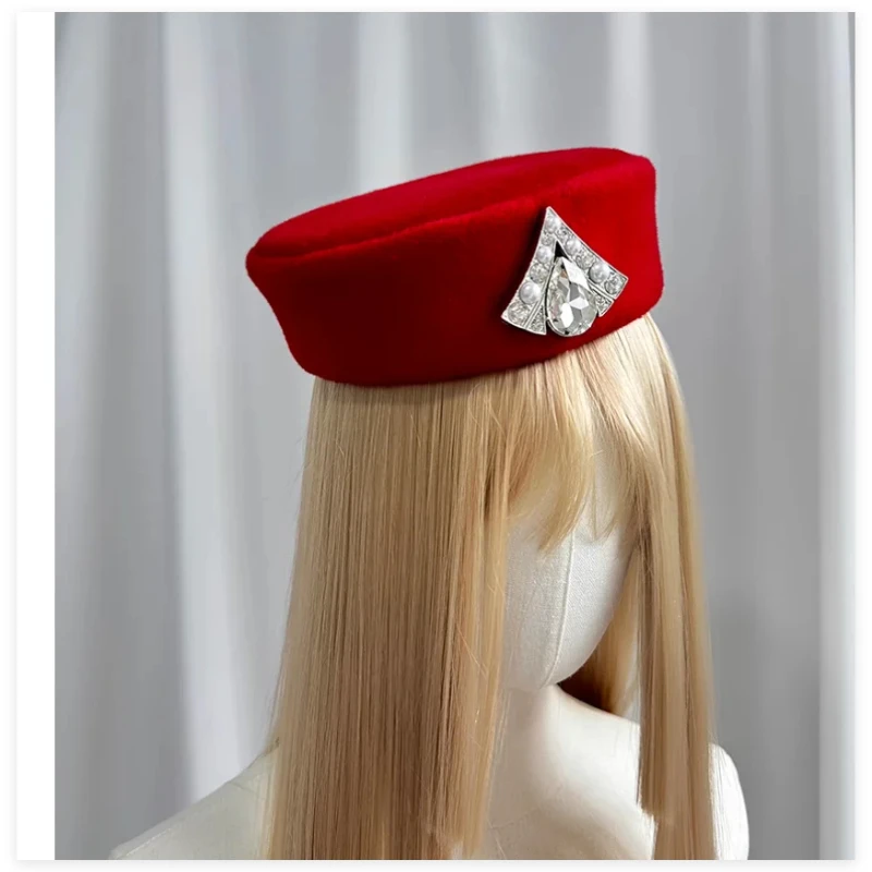 Rhinestone Top Hat Headwear Women Elegant Socialite Princess Flat Topped Stage Performance