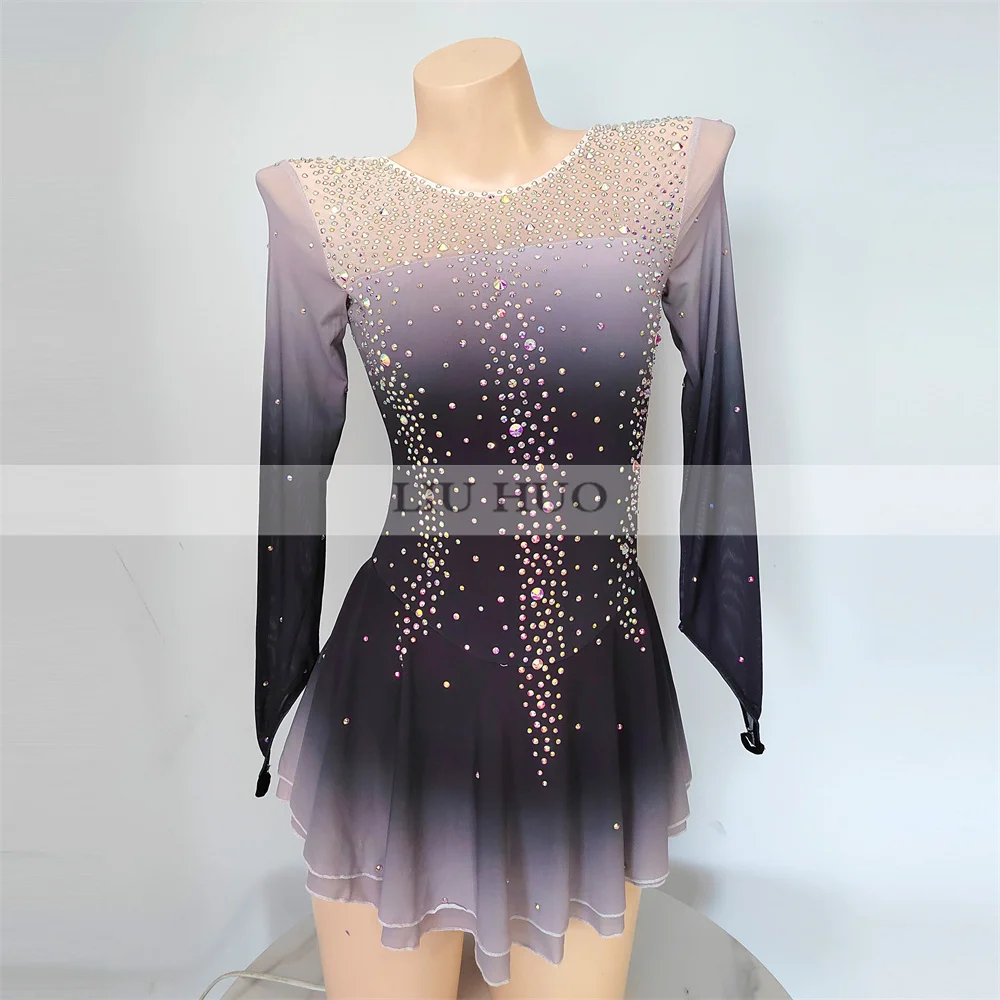 LIUHUO-Vestido Feminino Patinação no Gelo, Traje de Performance Personalizado, Collant de Competição para Menina Adulta, Dança Adolescente, Gradiente Cinza