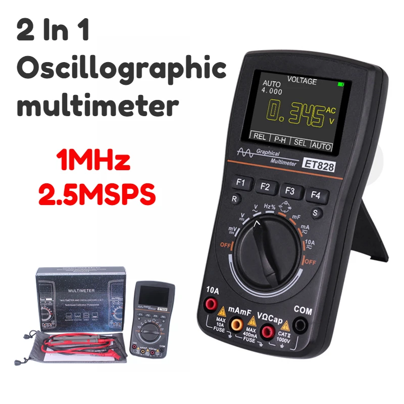 

ET828 2 IN 1 Handheld Oscilloscope Multimeter 1MHz 2.5MSPS Sampling Rate Professional LED Automatic Waveform Capture Function