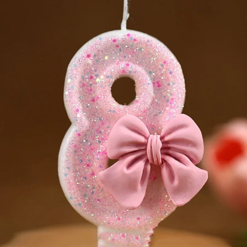 

3D Number Cake Decorating Candles Glitter Pink Bow Digital Candles Cake Topper Birthday Party Memorial Day Party Cake Decoration
