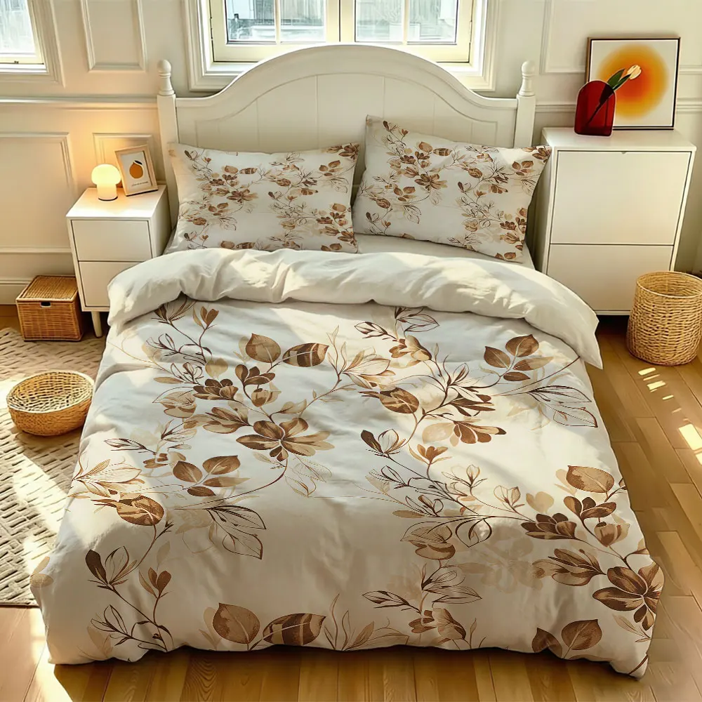A set of 3pcs retro brown-toned bedding sets featuring branches, leaves, and flowers, made of soft, coreless bedding material