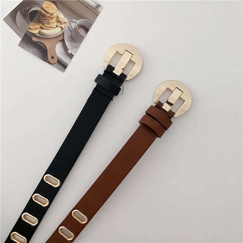 New Spring Summer Single Exhaust Eye Button PU Leather Belt Soft Fashion Gold Pin Buckle Waistbands For Dress Women Jeans Belts