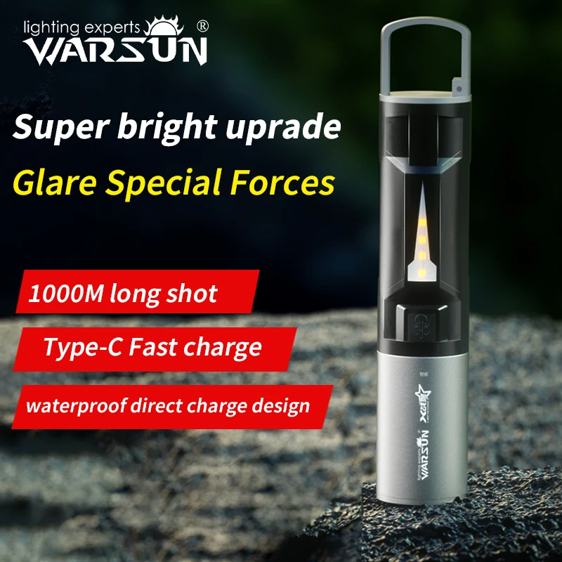 Warsun-Lanterna LED Recarregável, Multifuncional Tocha Exterior, Portátil, 4 Modos de Iluminação, Zoomable, Impermeável, Camping Light
