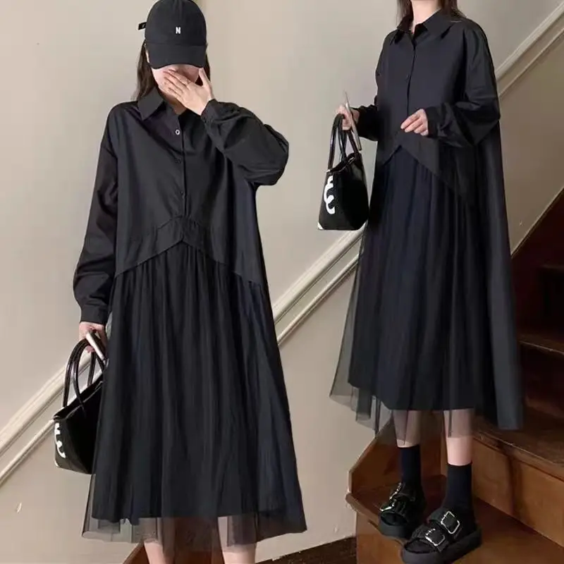 Fake Two Pieces Patchwork Gauze Dresses Female Clothing Loose Straight Spring Autumn All-match Solid Color Polo-Neck Midi Dress