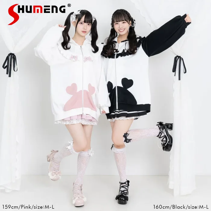 Japanische Minen Stil Niedlichen Cartoon Casual Lose Zip-up Hoodies Tops Rüschen Spleißen Bogen Plüsch Übergroßen Sweatshirts Frauen Winter