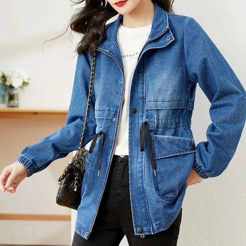 Vintage Denim Jacket Women 2024 Spring Autumn New Korean Stand collar waist jeans Coat Female Casual loose Cowboy Overcoat T514