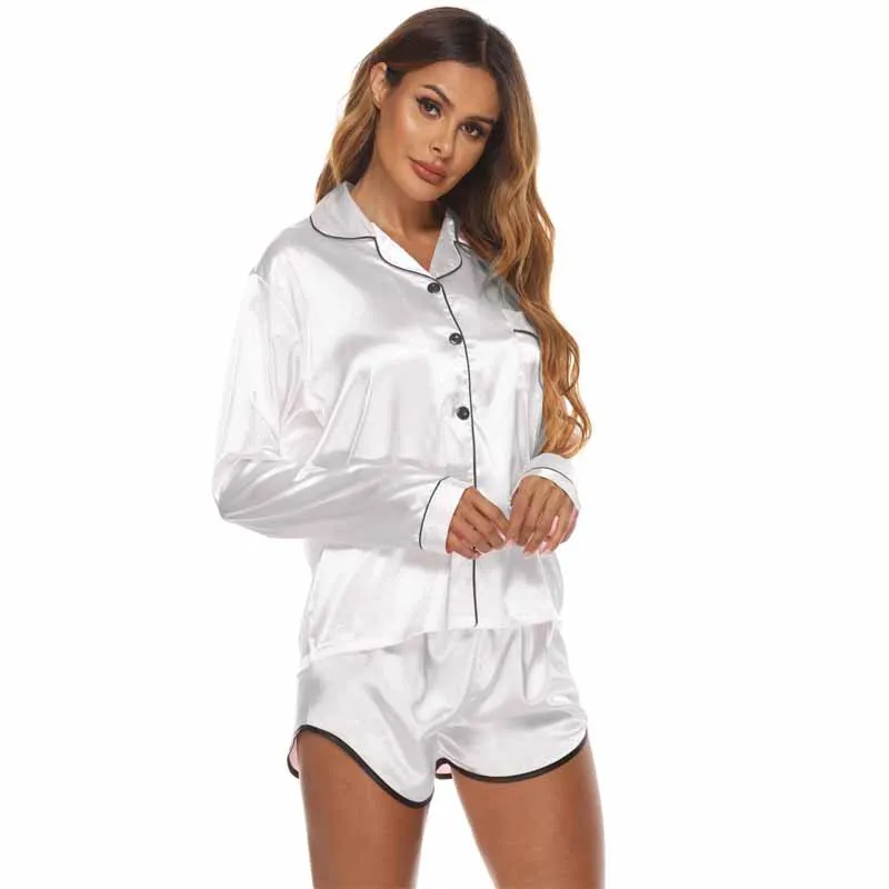 Sexy Women Sleepwear Satin 2 Pcs Shirt& Shorts Pajamas Set Homewear Comfy Intimate Lingerie Solid Color Loungewear Nightwear