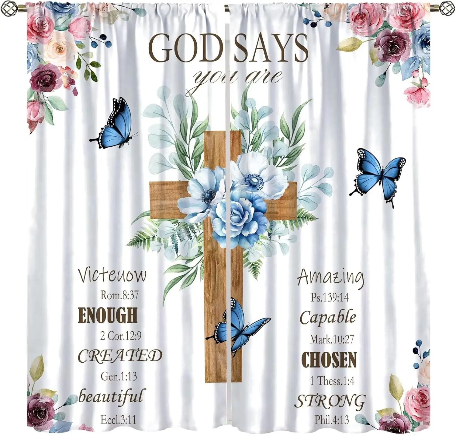 Funky Christian Theme Curtain,Rustic Farm Cross Watercolor Flower Butterfly Bible Verse Inspiration Decor Window Curtain