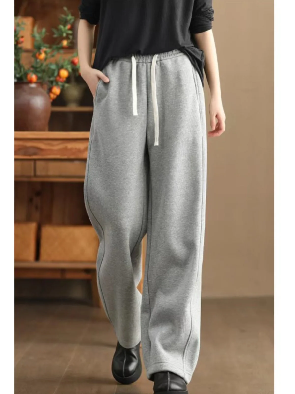 Women's Fce Lined Elastic Waist Wide Leg Pants Winter High Waist Drapey Straight Casual Thiened Warm Trousers