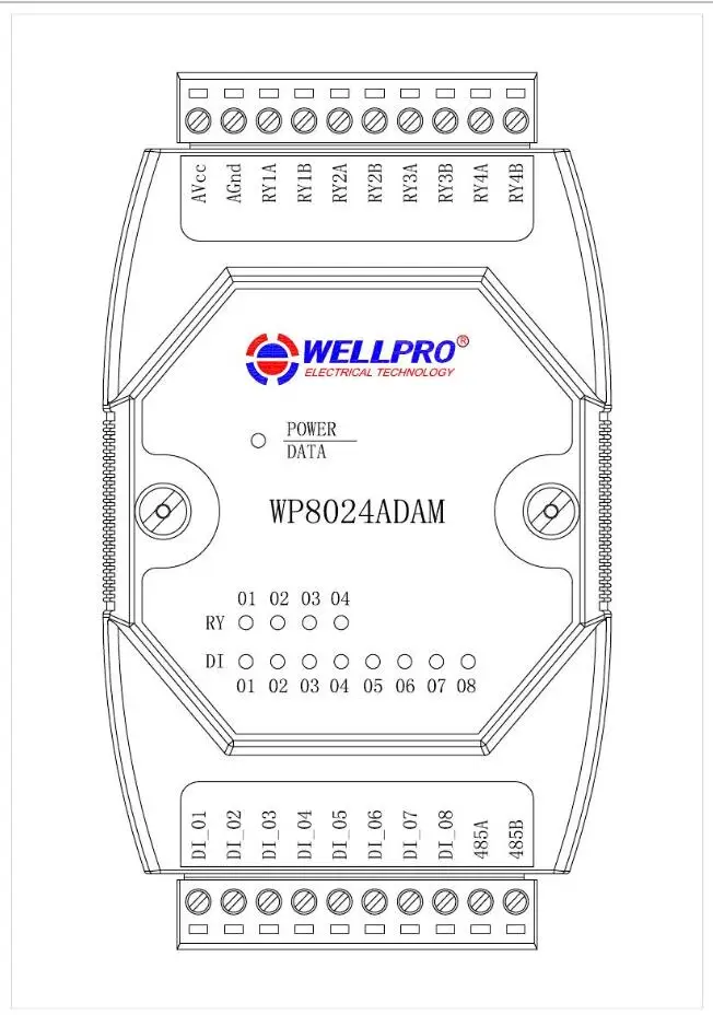 WP8024ADAM 8DI 4RO 8ch Digital input 4ch Relay output modules Optocoupler isolated RS485 MODBUS RTU communications