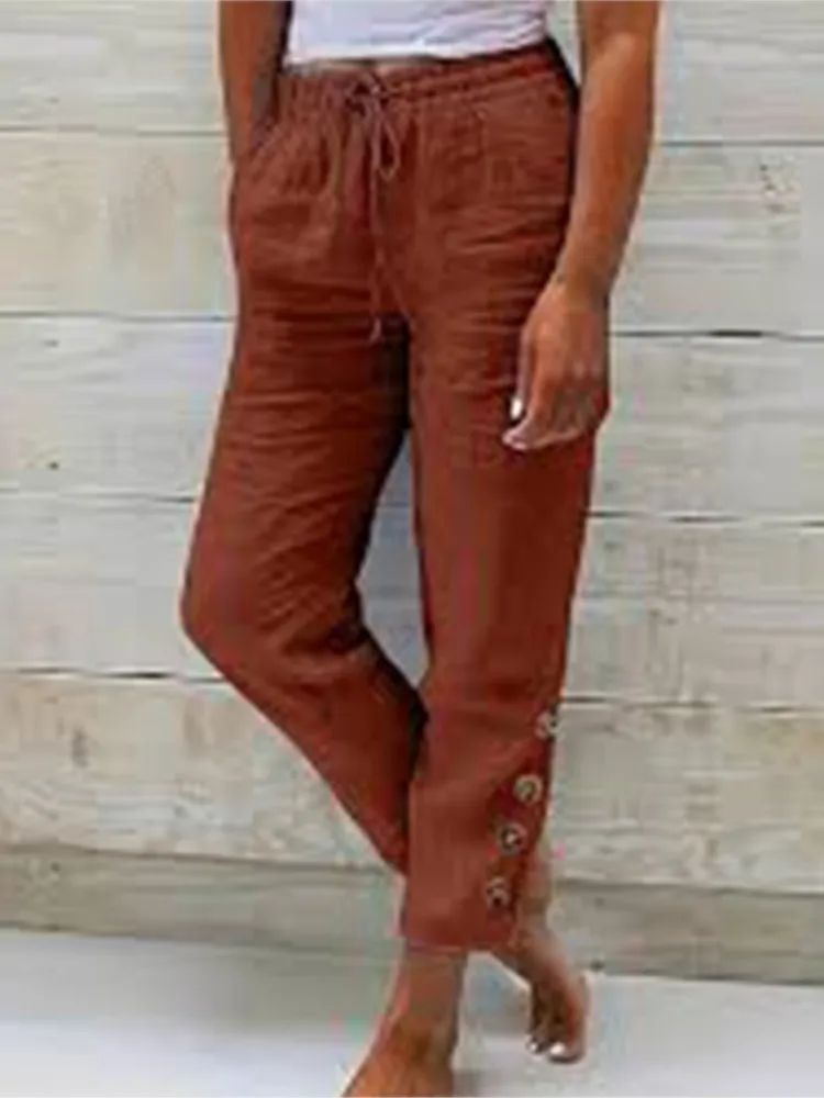 Women Spring Autumn Breathable Cotton Linen Buttons Trendy Pants Elastic Waist Straight Leg Solid Female Casual Baggy Trousers