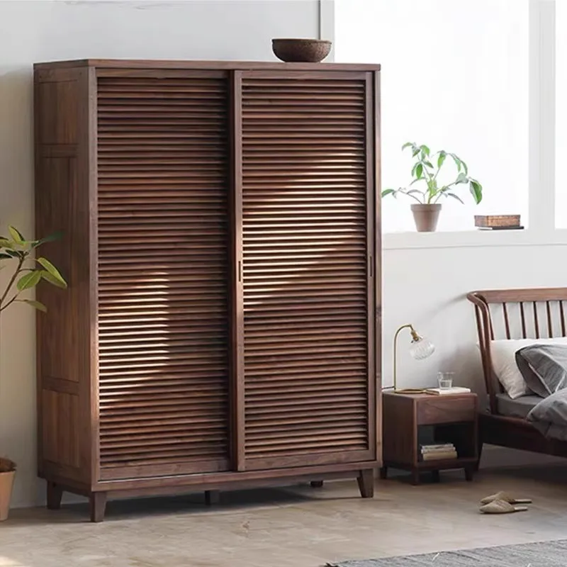 All solid wood black walnut wardrobe, modern simple cherry wood louver door Japanese grille sliding door
