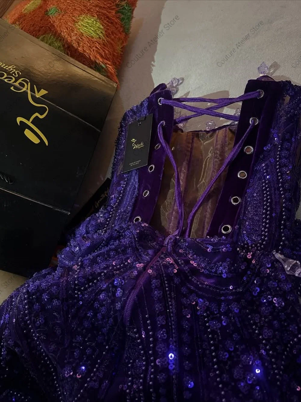 فساتين حفلة موسيقية بدون حمالات من حجر الراين الأرجواني بدون حمالات للفتيات السود ذيل جانبي فساتين حورية البحر لحفلات الزفاف حسب الطلب #6