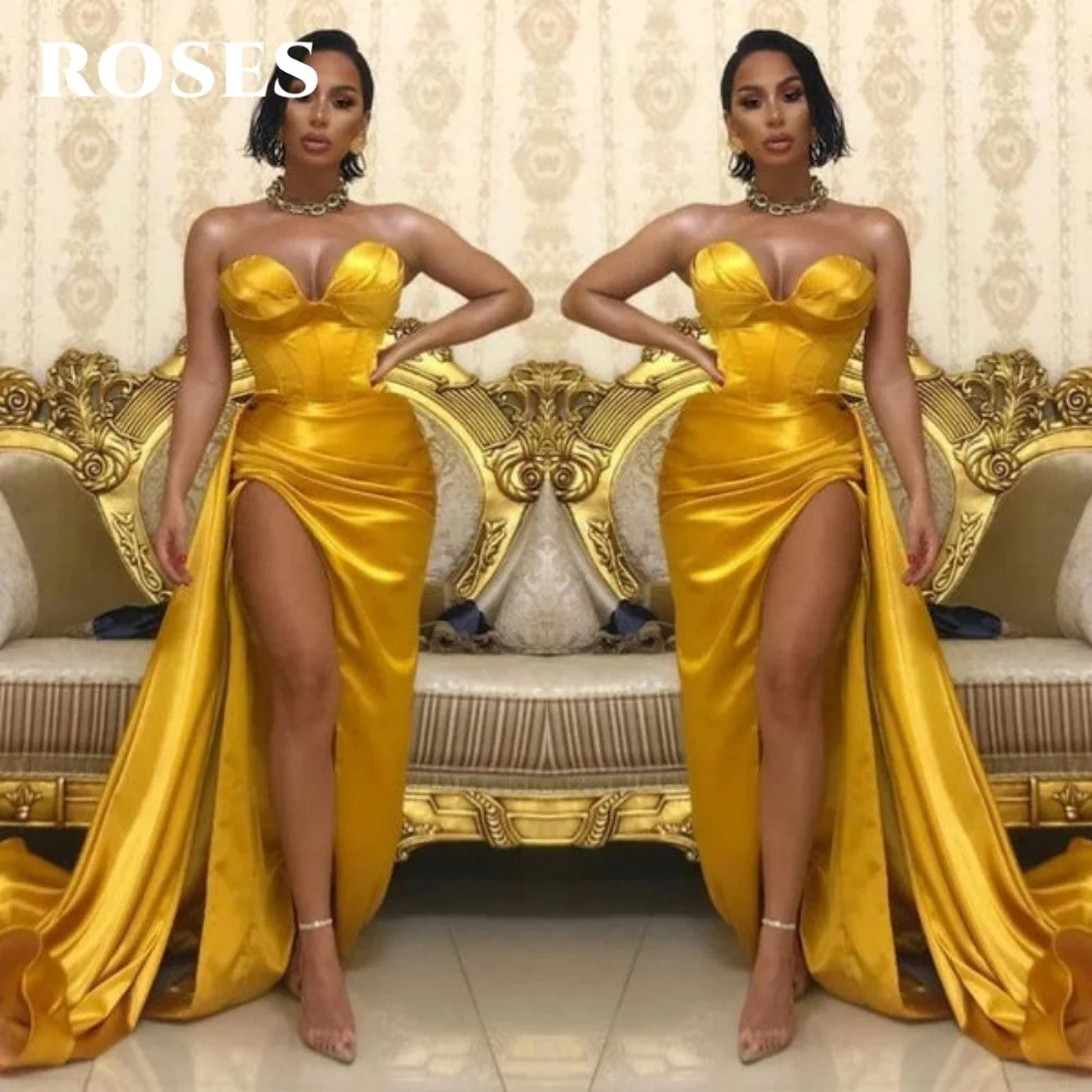

ROSES Gold Elegant Evening Gown Sweetheart Satin Prom Dresses High Side Split Formal Dresses for Woman حزب فساتين Customized
