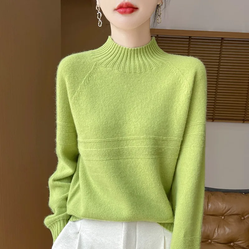 High End Women's Pullover Semi High Neck 100% Australian Wool Thick Jacquard Knitted Sweater Long Sleeved Autumn Winter Newstyle