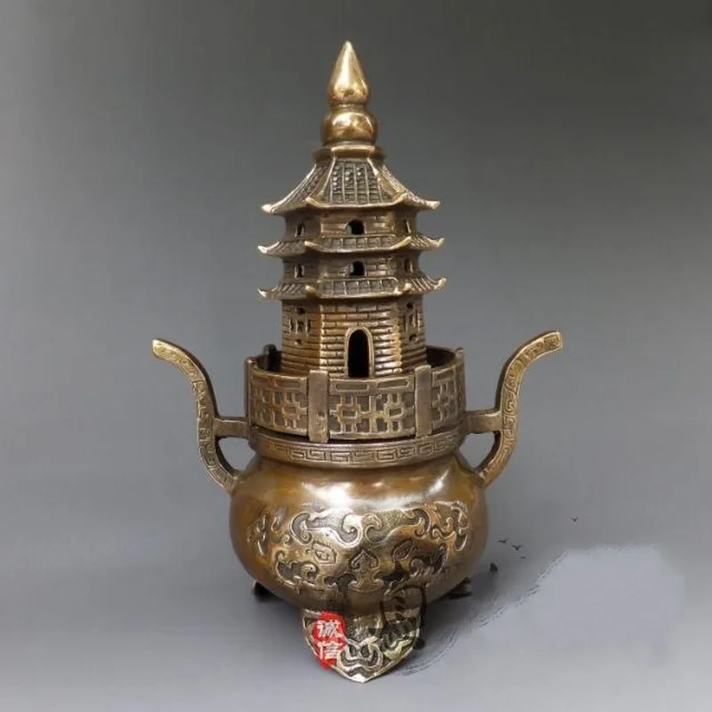 Pure copper ornament, tower-shaped burner for sandalwood incense, home feng shui decoration, antique coll