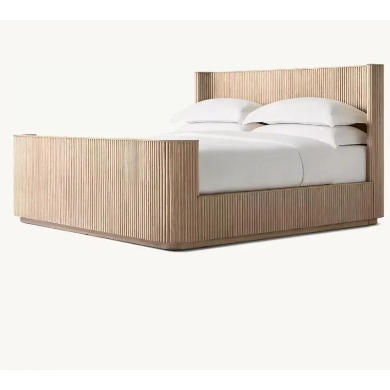 Modern Luxury Fluted Oak Platform Bed Solid Wood King Size Bedroom Furniture